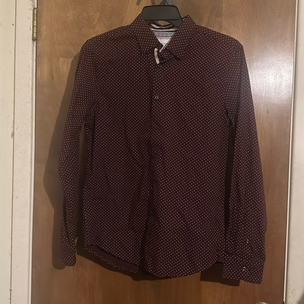 Denim & Flower Ricky Singh Mens Maroon Long Sleeve with white dots